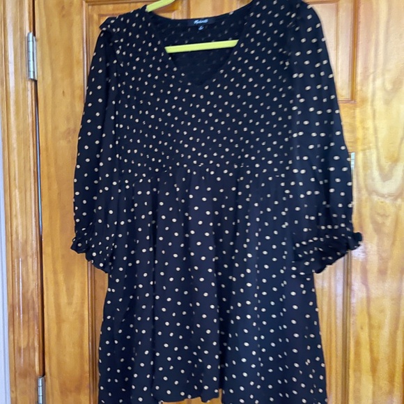 Madewell Smocked V-Neck Tunic Dress - Medium, Black with Tan Polka Dots - Picture 8 of 9